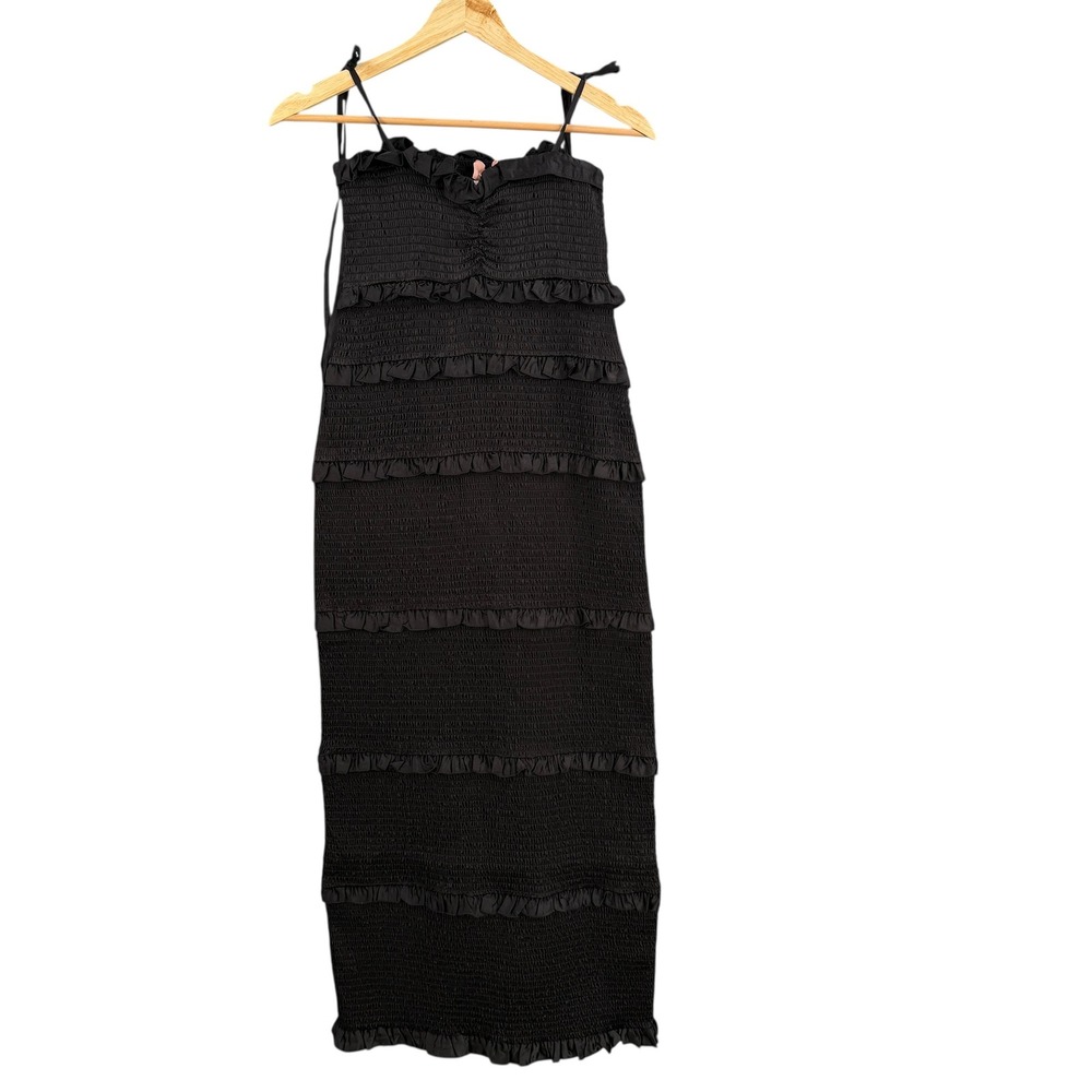 Show Me Your Mumu Stella Smocked Dress Size Medium Black Luxe Ruffle‎ Midi New